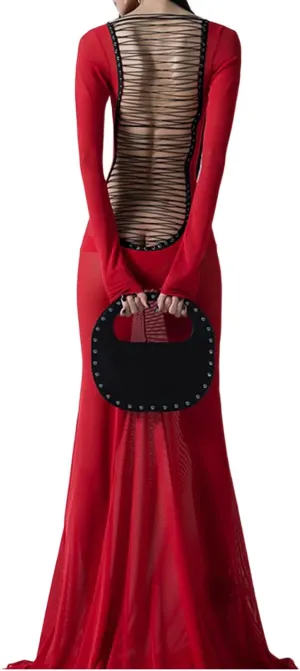Women Sexy Backless See Through Maxi Dress Long Sleeve Crewneck Bodycon Dress Beach Party Club Long Dresses