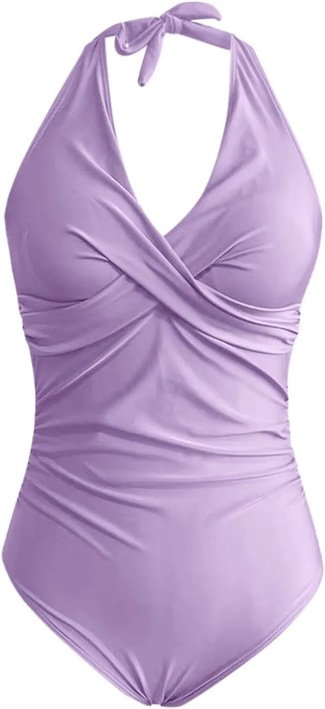 Women Sexy One Piece Swimsuits Halter V Neck Ruched Tummy Control Bathing Suit Backless Push Up Swimwear Swim Suit