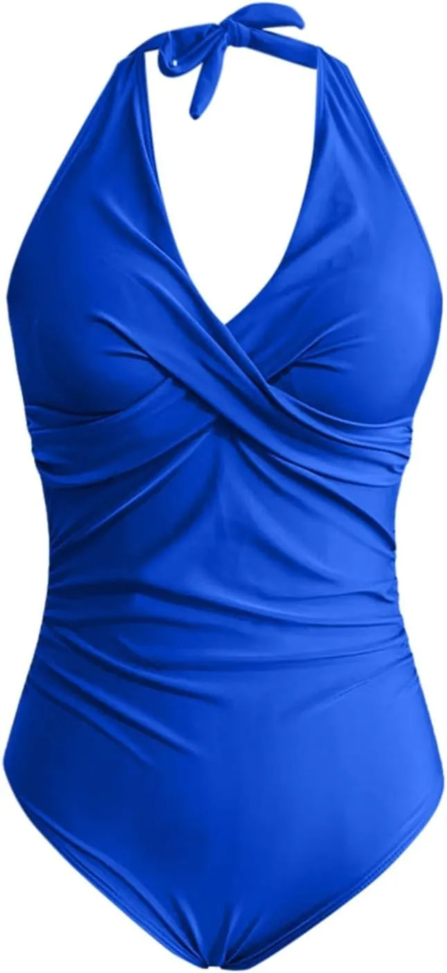 Women Sexy One Piece Swimsuits Halter V Neck Ruched Tummy Control Bathing Suit Backless Push Up Swimwear Swim Suit