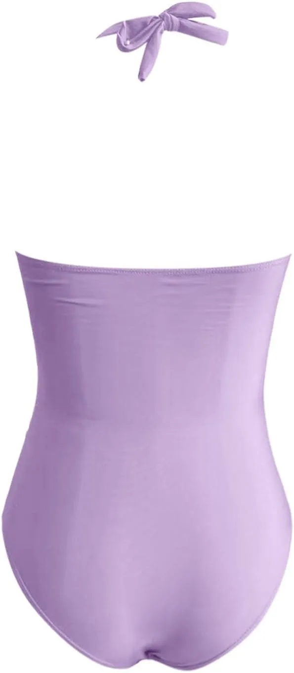 Women Sexy One Piece Swimsuits Halter V Neck Ruched Tummy Control Bathing Suit Backless Push Up Swimwear Swim Suit