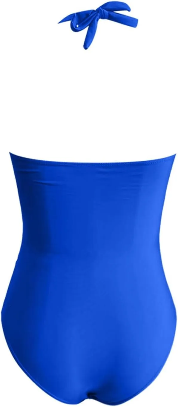 Women Sexy One Piece Swimsuits Halter V Neck Ruched Tummy Control Bathing Suit Backless Push Up Swimwear Swim Suit