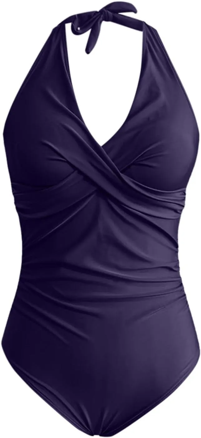 Women Sexy One Piece Swimsuits Halter V Neck Ruched Tummy Control Bathing Suit Backless Push Up Swimwear Swim Suit