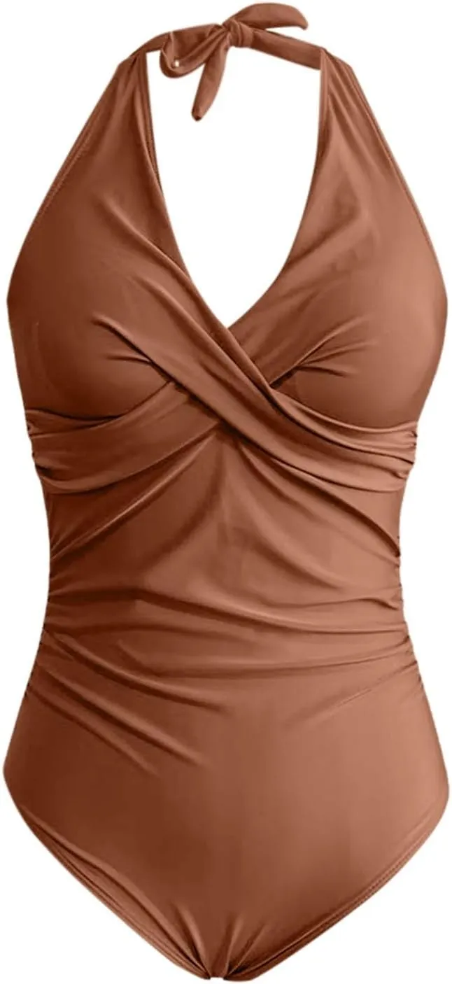 Women Sexy One Piece Swimsuits Halter V Neck Ruched Tummy Control Bathing Suit Backless Push Up Swimwear Swim Suit