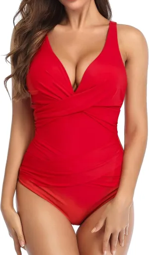 Women Sexy One Piece Swimsuits Halter V Neck Tummy Control Bathing Suit Push Up Backless Swimwear Swim Suit