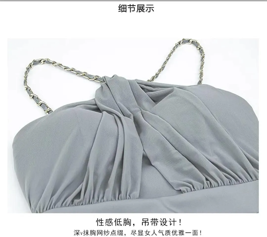 Women Sexy Strapless and Neck Hanging Short Skirt with A Cinched Waist, Sleeveless Backless Dress