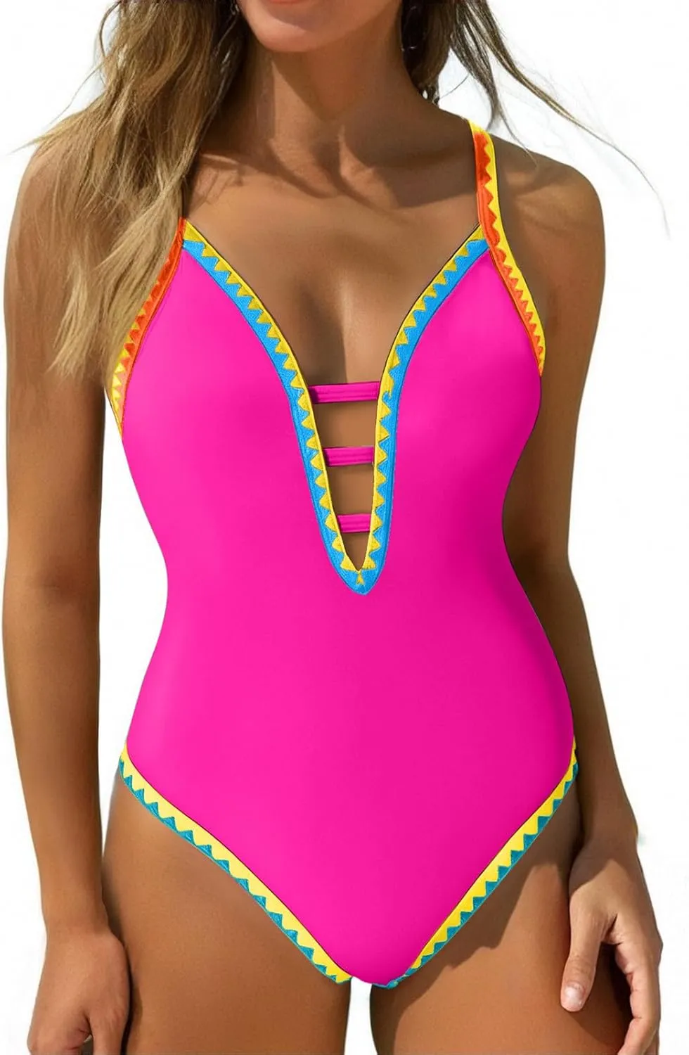 Women Sexy Swimsuits One Piece Deep V Neck Cutout Bathing Suits Tummy Control Color Block Cute Swim Suits 2025 Summer
