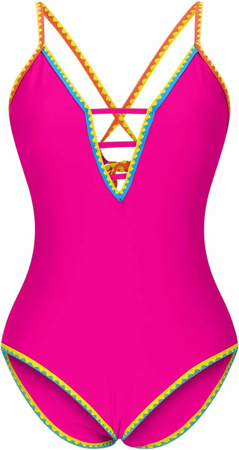 Women Sexy Swimsuits One Piece Deep V Neck Cutout Bathing Suits Tummy Control Color Block Cute Swim Suits 2025 Summer