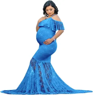 Women Spaghetti Strap Ruffle Floral Lace Maternity Dress for Photography Mermaid Off Shoulder Maternity Dress for Baby Shower