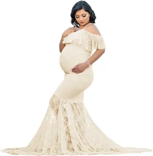 Women Spaghetti Strap Ruffle Floral Lace Maternity Dress for Photography Mermaid Off Shoulder Maternity Dress for Baby Shower