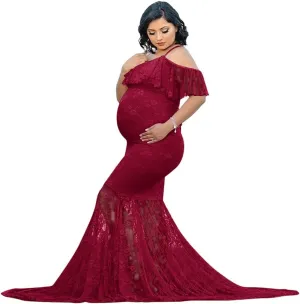 Women Spaghetti Strap Ruffle Floral Lace Maternity Dress for Photography Mermaid Off Shoulder Maternity Dress for Baby Shower