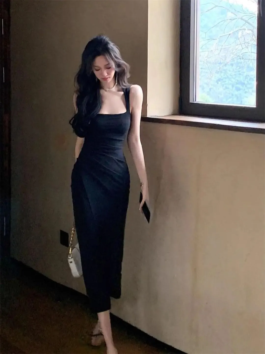 Women Square Collar French Suspender Backless Dress Sleeveless Waist-Hugging Long Skirt