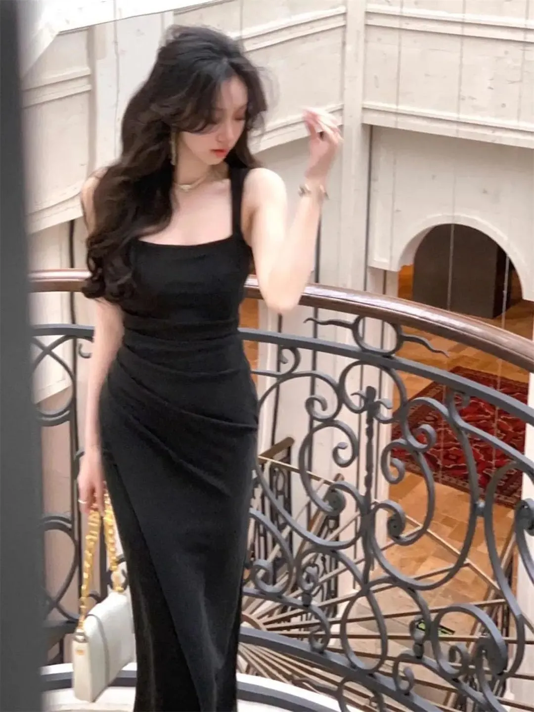 Women Square Collar French Suspender Backless Dress Sleeveless Waist-Hugging Long Skirt