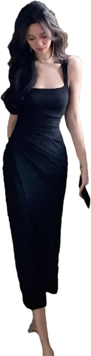 Women Square Collar French Suspender Backless Dress Sleeveless Waist-Hugging Long Skirt