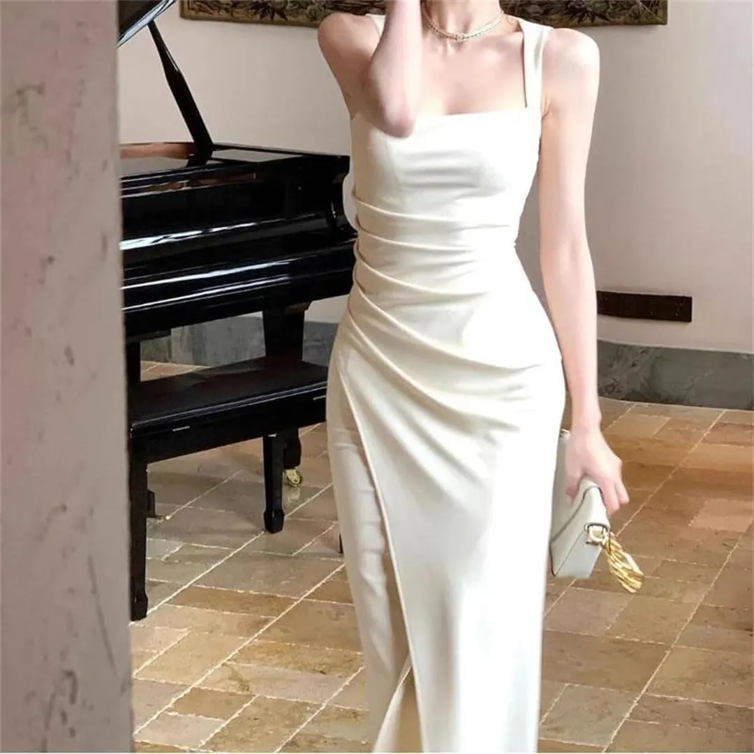 Women Square Collar French Suspender Backless Dress Sleeveless Waist-Hugging Long Skirt