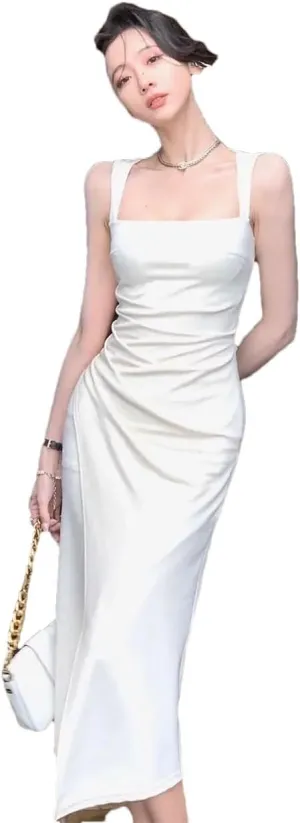 Women Square Collar French Suspender Backless Dress Sleeveless Waist-Hugging Long Skirt