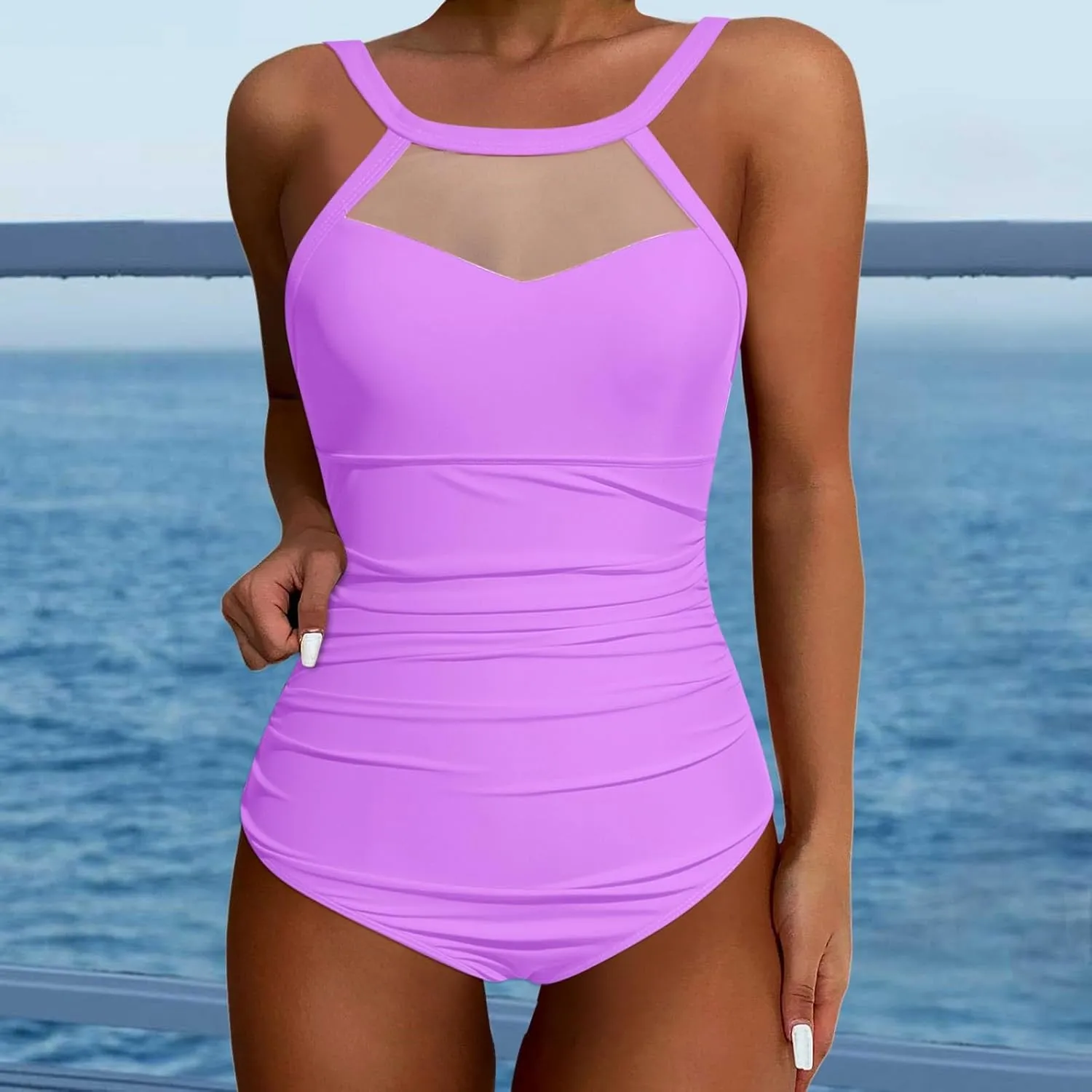 Women Tummy Control One Piece Swimsuit Sexy Mesh High Neck Cute Bathing Suit Backless Slimming Swimwear Monokinis