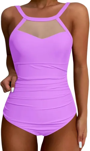Women Tummy Control One Piece Swimsuit Sexy Mesh High Neck Cute Bathing Suit Backless Slimming Swimwear Monokinis