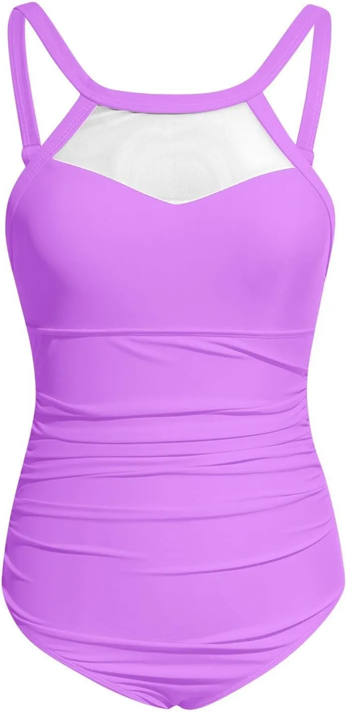 Women Tummy Control One Piece Swimsuit Sexy Mesh High Neck Cute Bathing Suit Backless Slimming Swimwear Monokinis
