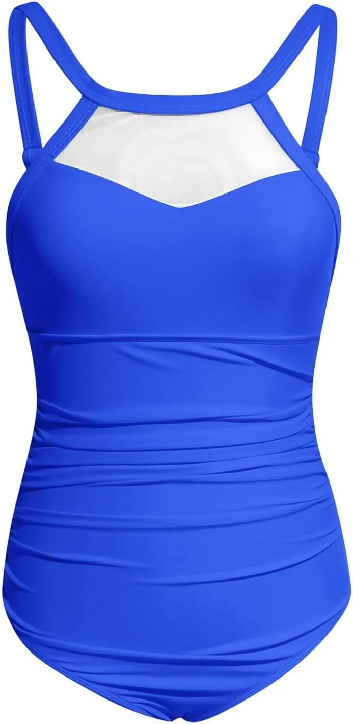 Women Tummy Control One Piece Swimsuit Sexy Mesh High Neck Cute Bathing Suit Backless Slimming Swimwear Monokinis