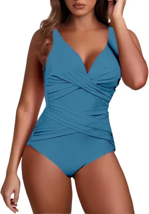 Women Tummy Control One Piece Swimsuits V Neck Criss Cross Ruched Push Up Slimming Swimwear Vintage Padded Swimwear