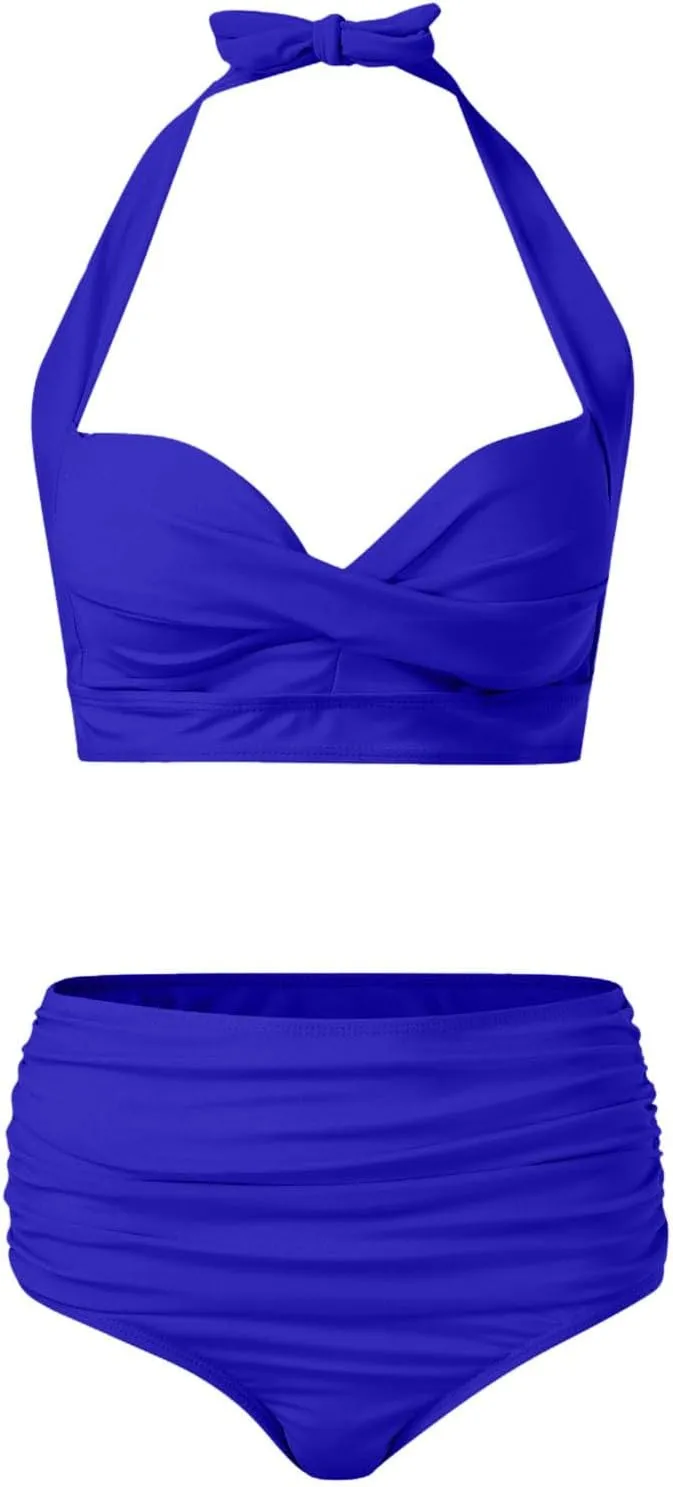 Women Two Piece Vintage Swimsuit Retro Halter Ruched High Waist Bikini with Bottom Front Full Coverage Swimsuits