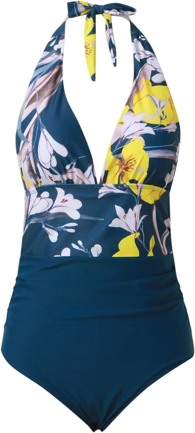 Women V Neck One Piece Swimsuit Plunge Halter Backless Ruched Tummy Control Bathing Suit Slimming Vintage Swimwear