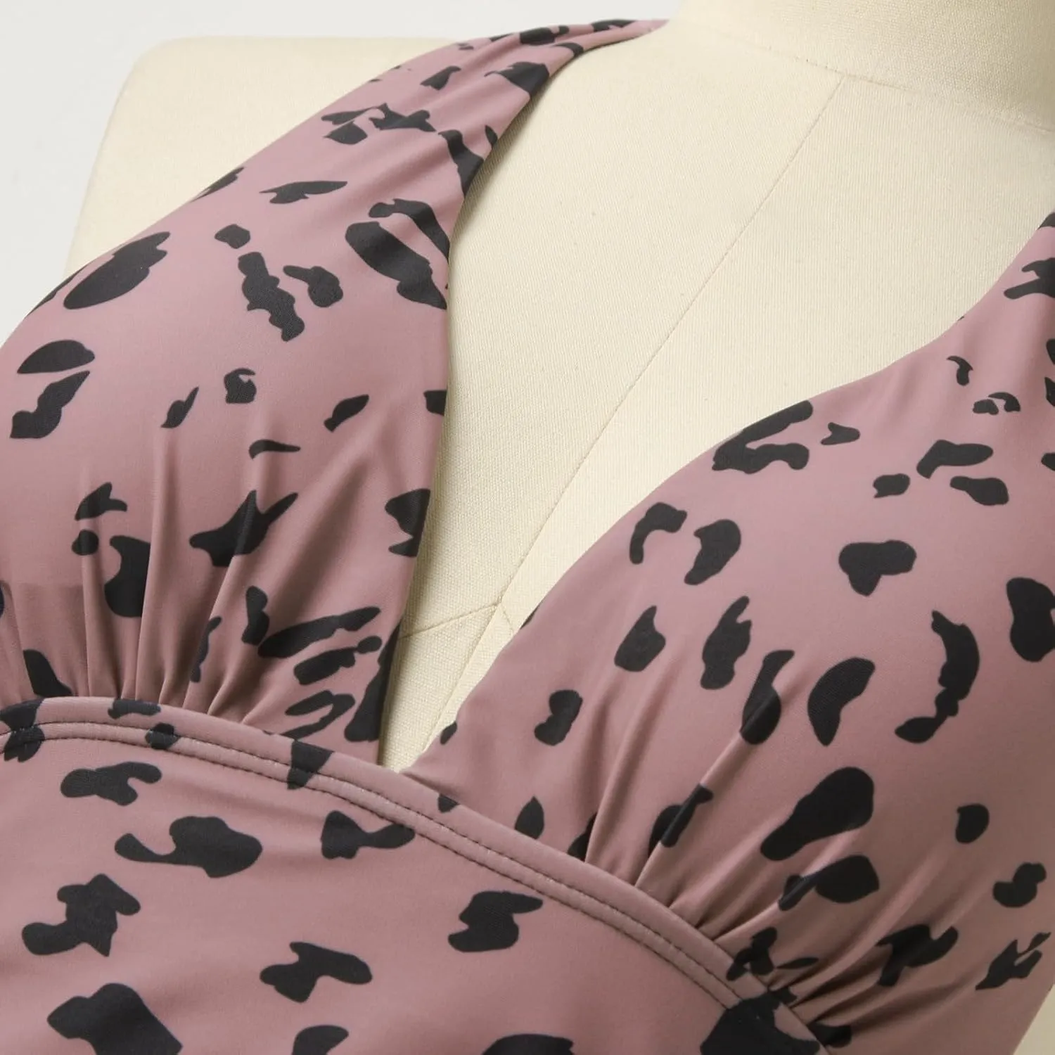 Women V Neck One Piece Swimsuit Plunge Halter Backless Ruched Tummy Control Bathing Suit Slimming Vintage Swimwear