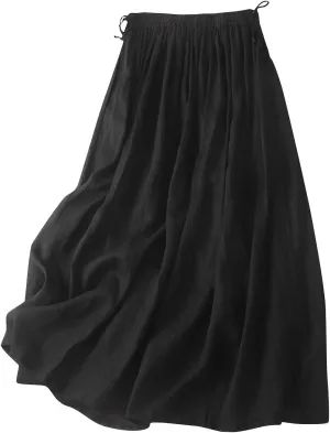 Women's Bohemian Style Elastic Waist Cotton Linen Long Maxi Skirt 2025 Trendy Flowy Swing Beach Dress