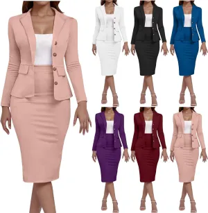 Women's Business Suit 2 Piece Long Sleeve Skirt Suit Set Lady Blazer Office Work Solid Slim Fit Jacket Outfits