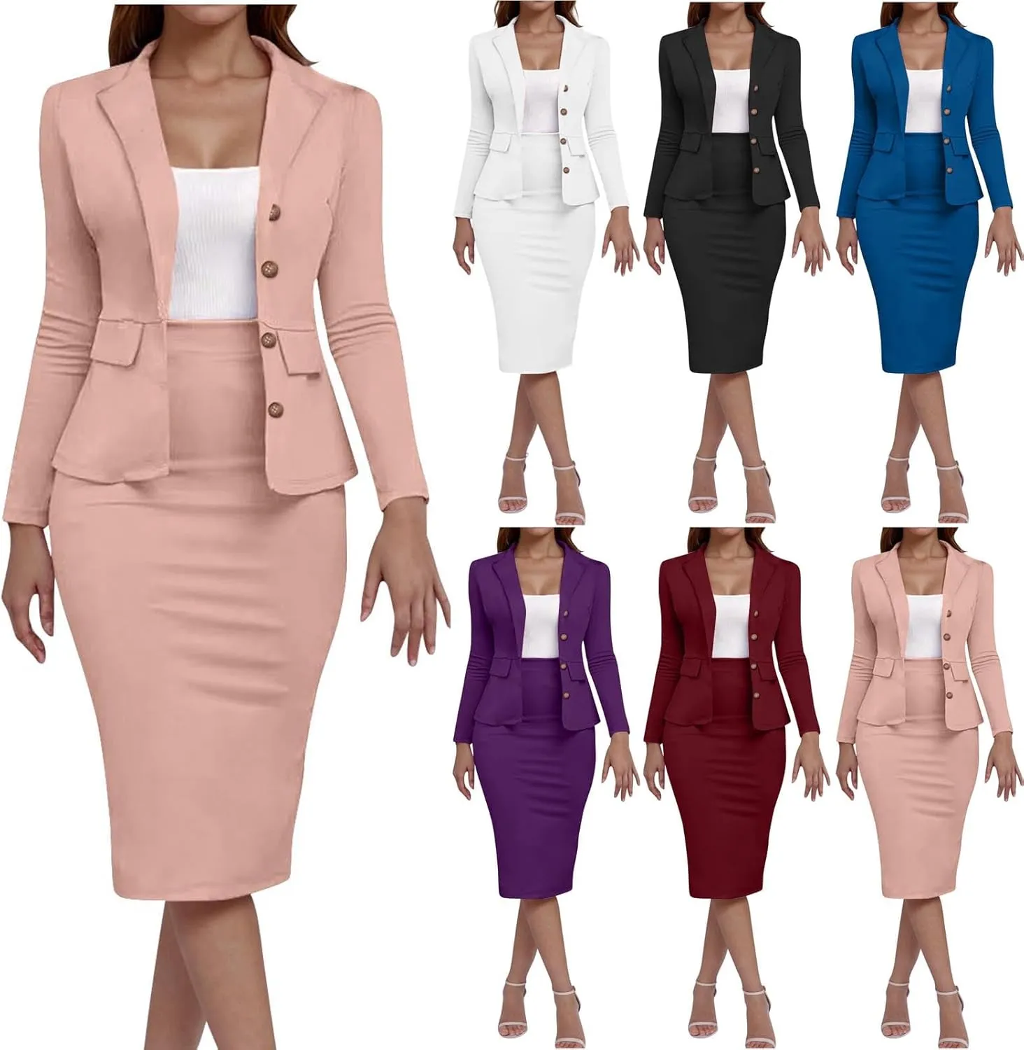 Women's Business Suit 2 Piece Long Sleeve Skirt Suit Set Lady Blazer Office Work Solid Slim Fit Jacket Outfits