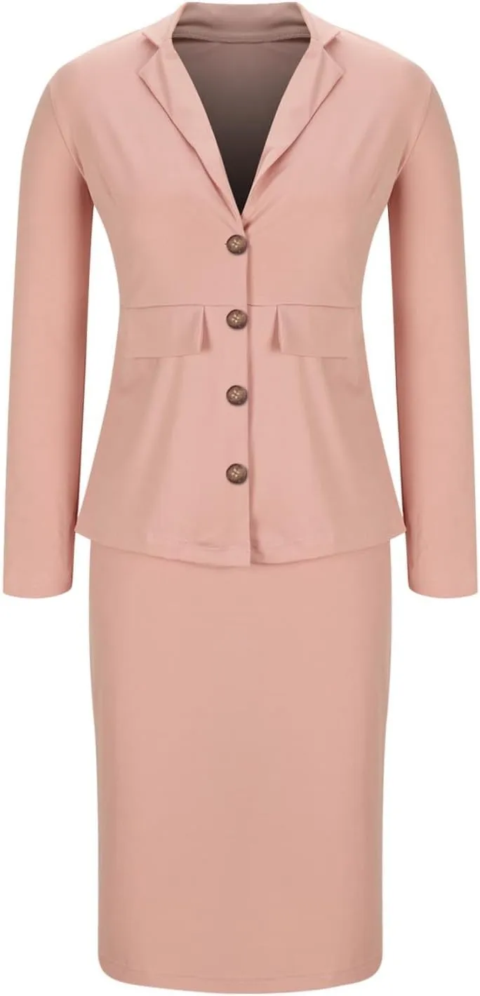 Women's Business Suit 2 Piece Long Sleeve Skirt Suit Set Lady Blazer Office Work Solid Slim Fit Jacket Outfits