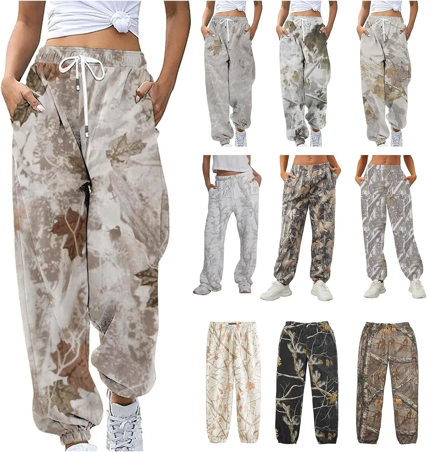 Womens Camo Pants Casual Elastic Waist Wide Leg Pants Lightweight Baggy Sweatpants with Pocket