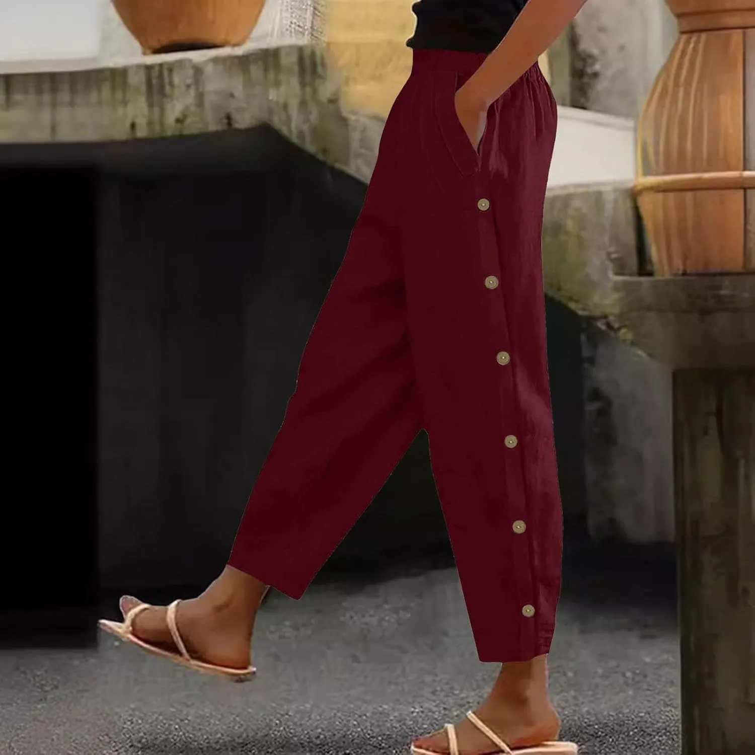 Womens Casual Pants Lightweight High Waist Elastic Straight Leg Lounge Pant Summer Loose Travel Trousers with Pockets