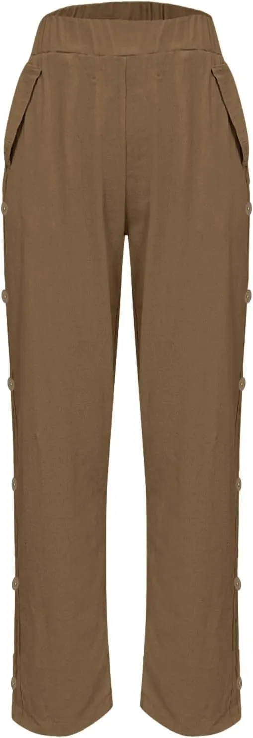 Womens Casual Pants Lightweight High Waist Elastic Straight Leg Lounge Pant Summer Loose Travel Trousers with Pockets