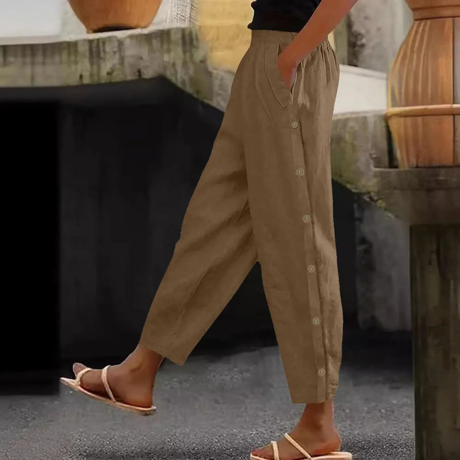 Womens Casual Pants Lightweight High Waist Elastic Straight Leg Lounge Pant Summer Loose Travel Trousers with Pockets
