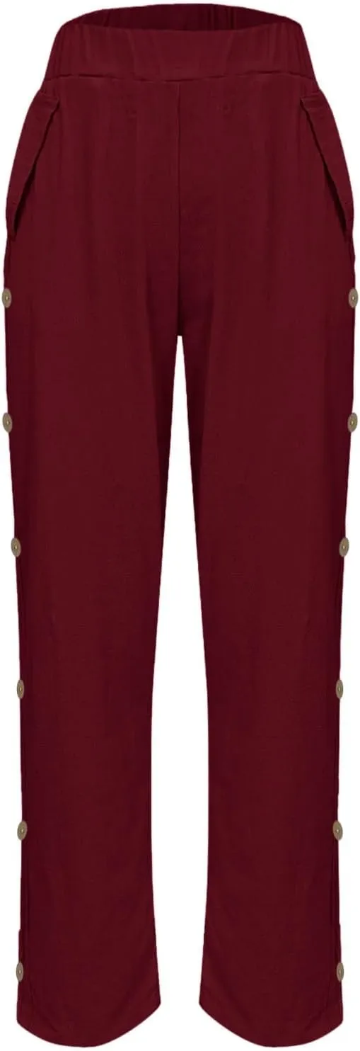 Womens Casual Pants Lightweight High Waist Elastic Straight Leg Lounge Pant Summer Loose Travel Trousers with Pockets