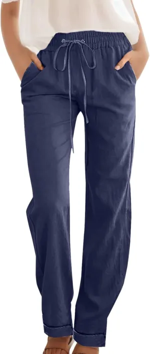 Womens Casual Pants Straight Leg Drawstring Elastic High Waist Loose Trousers Summer Casual Breathable Pants with Pockets