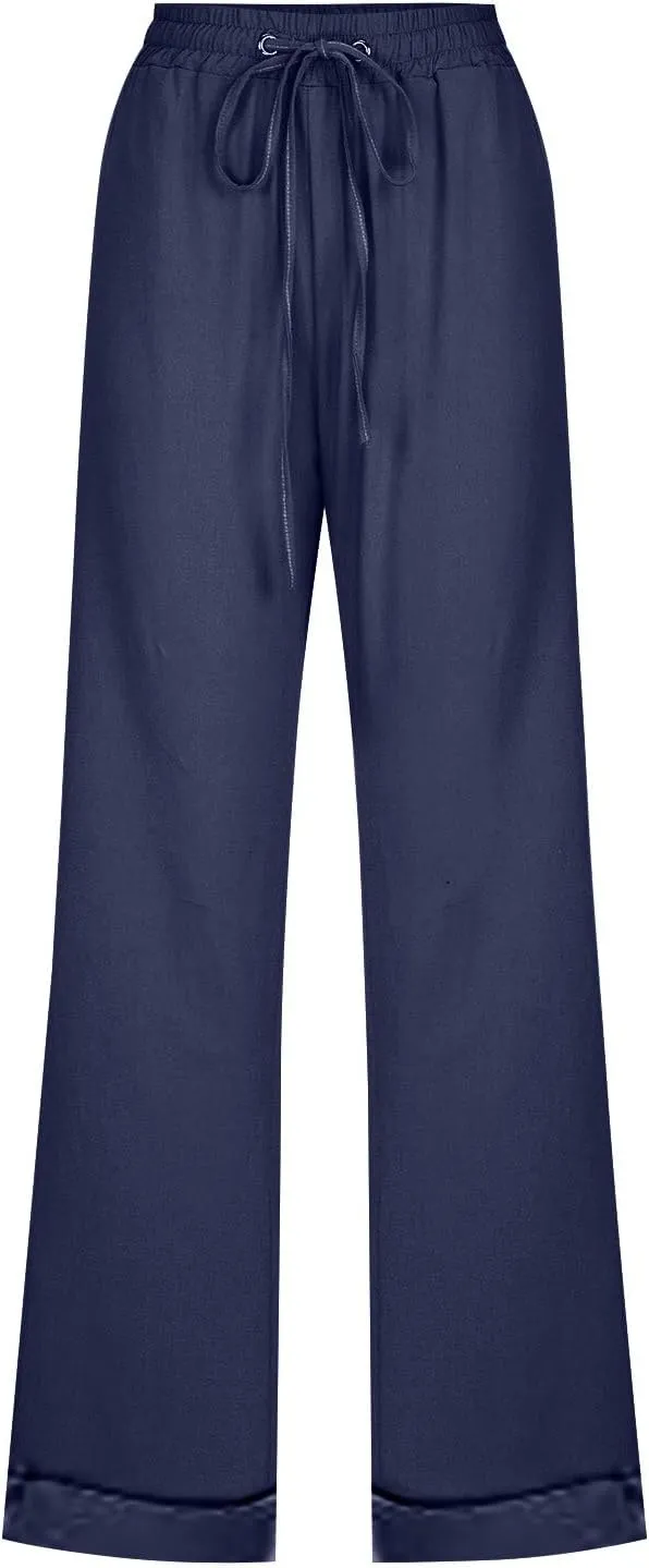 Womens Casual Pants Straight Leg Drawstring Elastic High Waist Loose Trousers Summer Casual Breathable Pants with Pockets