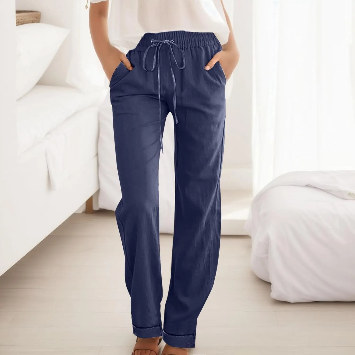 Womens Casual Pants Straight Leg Drawstring Elastic High Waist Loose Trousers Summer Casual Breathable Pants with Pockets