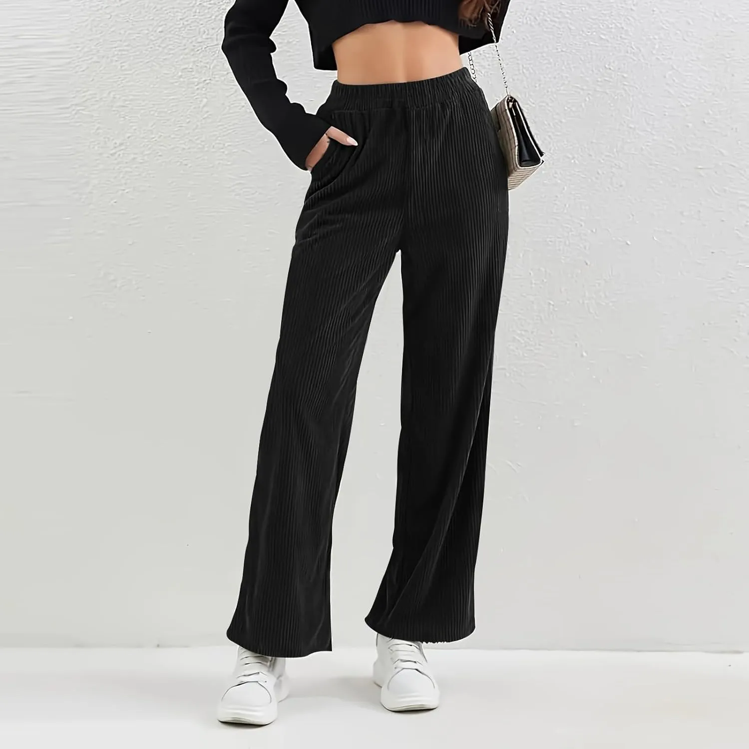 Womens Corduroy Pants Comfy High Waitsted Straight Leg Work Pants Trousers Business Casual Pants with Pockets