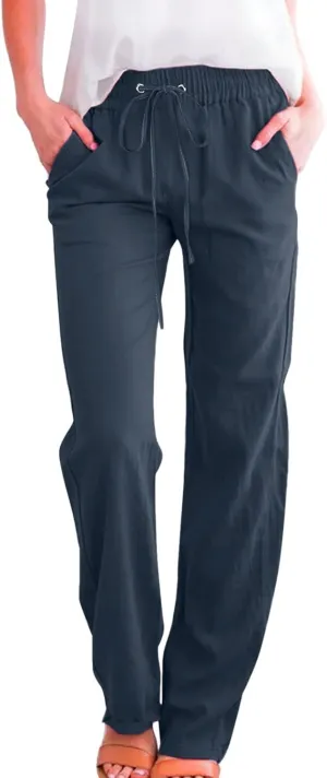 Womens Cotton Linen Casual Pants Straight Leg Drawstring Casual Elastic High Waist Loose Comfy Palazzo Trousers with Pockets
