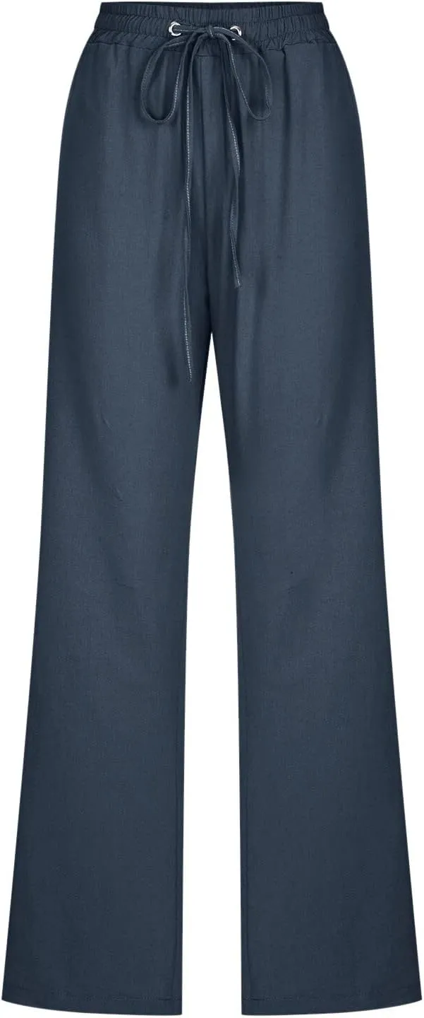 Womens Cotton Linen Casual Pants Straight Leg Drawstring Casual Elastic High Waist Loose Comfy Palazzo Trousers with Pockets