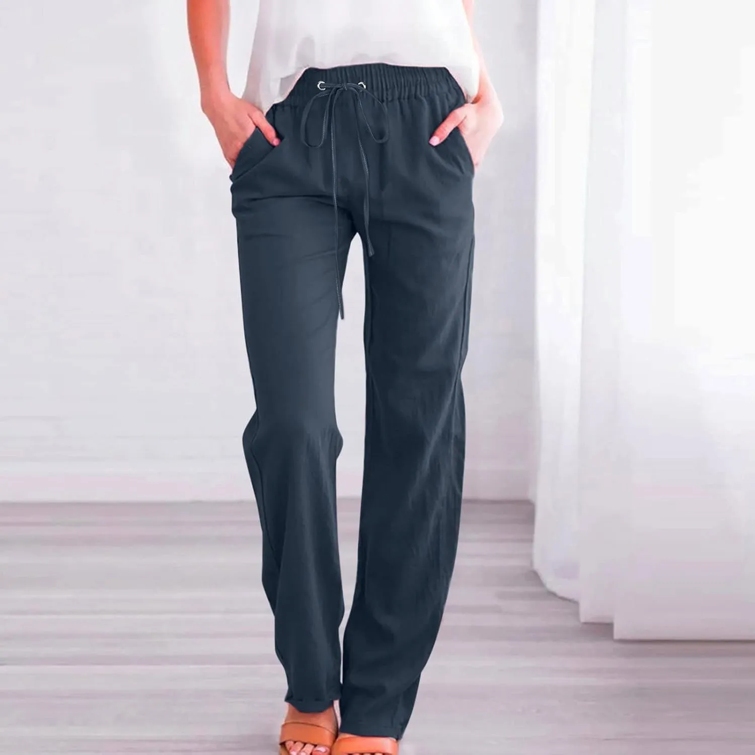 Womens Cotton Linen Casual Pants Straight Leg Drawstring Casual Elastic High Waist Loose Comfy Palazzo Trousers with Pockets