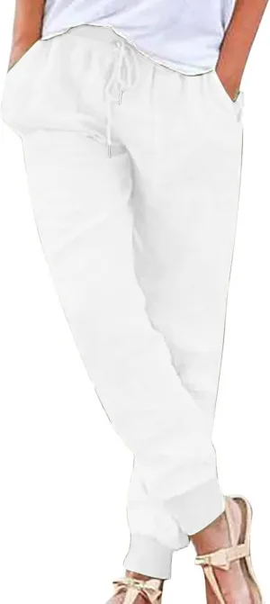 Womens Cotton Linen Jogger Pants Tapered Leg Summer Casual Drawstring Elastic Waist Lightweight Joggers with Pockets