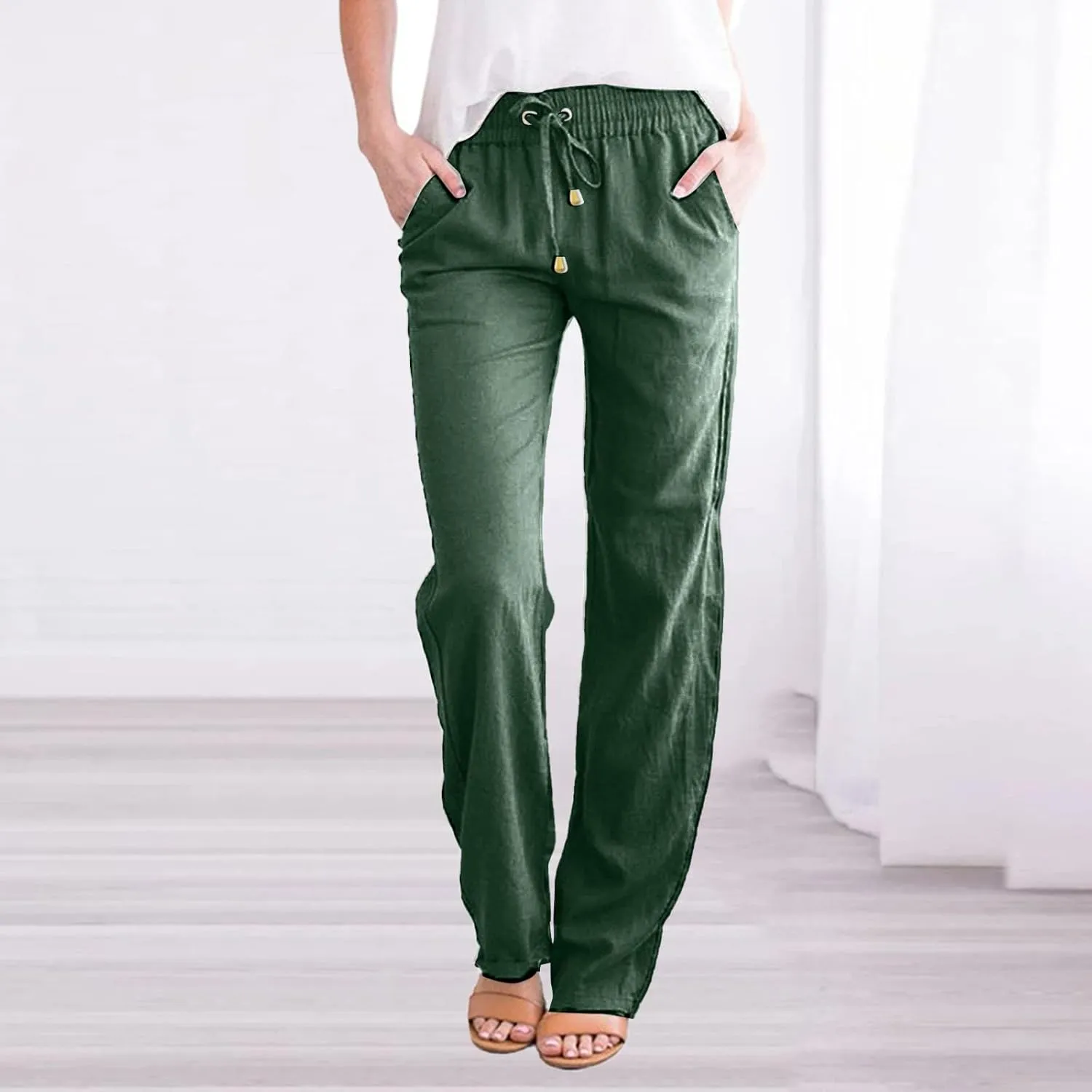 Women's Cotton Linen Lounge Pants Cosy Summer Beach Slacks Trousers High Waisted Loose Fitting Straight Leg Pants