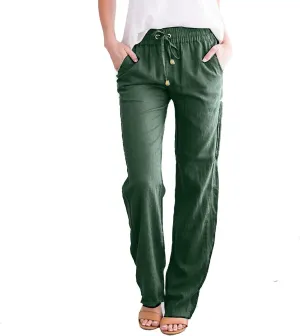 Women's Cotton Linen Lounge Pants Cosy Summer Beach Slacks Trousers High Waisted Loose Fitting Straight Leg Pants