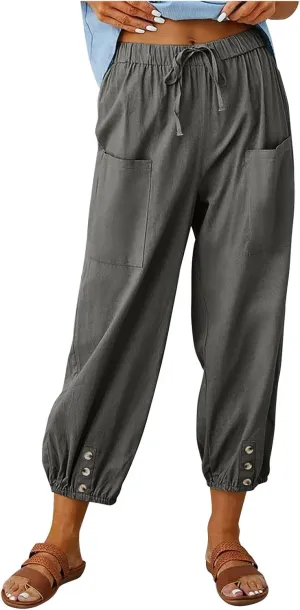 Women's Cotton Pants Trendy Drawstring Bottom Button Jogger Pant Summer Beach Gaucho Trousers Casual Comfy Outfits