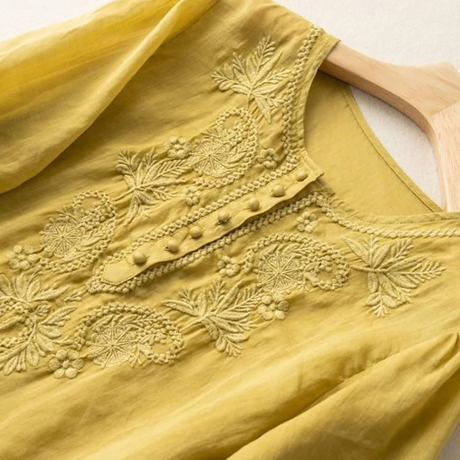 Womens Elbow Sleeve Linen Shirts Summer Vintage Embroidered Blouse Dressy Casual Button Henley Tee Tops Boho Tunic