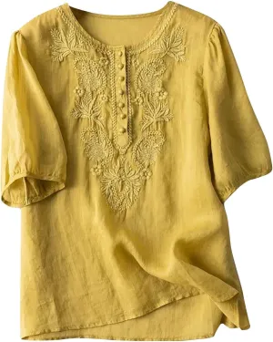 Womens Elbow Sleeve Linen Shirts Summer Vintage Embroidered Blouse Dressy Casual Button Henley Tee Tops Boho Tunic