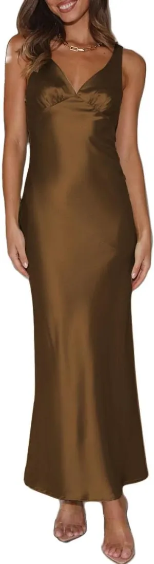 Womens Elegant Satin V Neck Backless Sleeveless Maxi Dress Silk Tie Low Back Formal Cocktail Dresses Wedding Guest